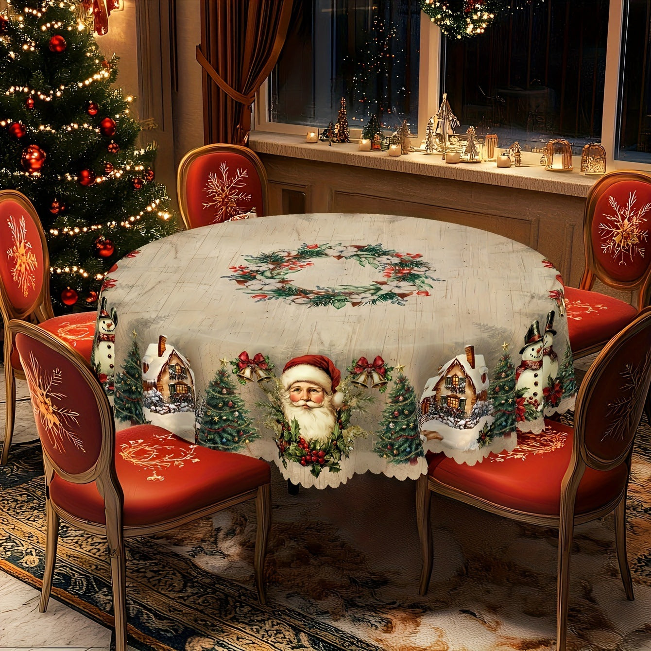 Christmas Round Tablecloth Christmas Theme With Santa Claus Table Flag