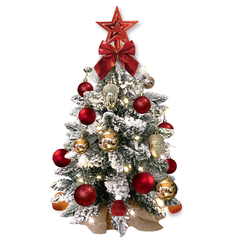 2ft Mini Flocked Snowy Artificial Christmas Tree with Lights Red Gold Ornaments Holiday Tabletop