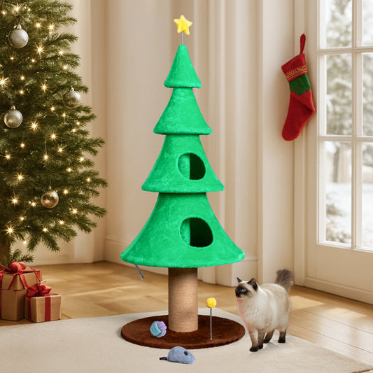 59" Large Tall Christmas Tree Cat Tower – Multi-Level Cat Scratching Tree with Dual Cat Houses (Green)