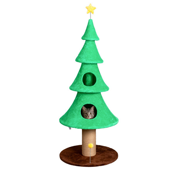 59" Large Tall Christmas Tree Cat Tower – Multi-Level Cat Scratching Tree with Dual Cat Houses (Green)