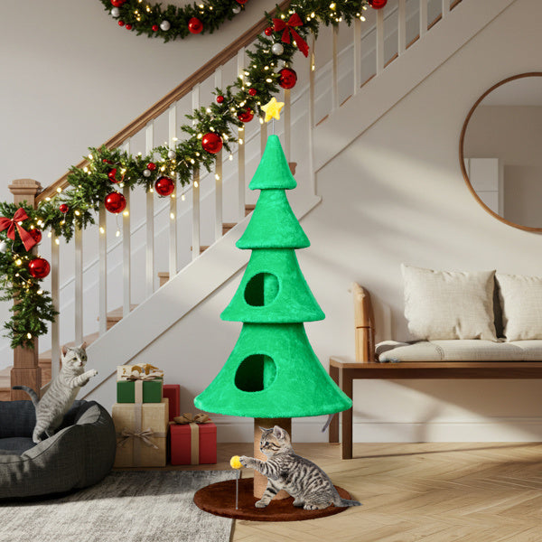 59" Large Tall Christmas Tree Cat Tower – Multi-Level Cat Scratching Tree with Dual Cat Houses (Green)