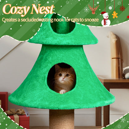 59" Large Tall Christmas Tree Cat Tower – Multi-Level Cat Scratching Tree with Dual Cat Houses (Green)