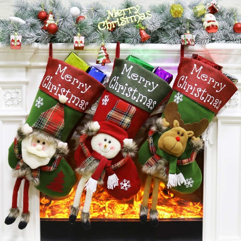 2024 Plush Christmas Stockings Set Red Green Santa Snowman Elk Holiday Decor